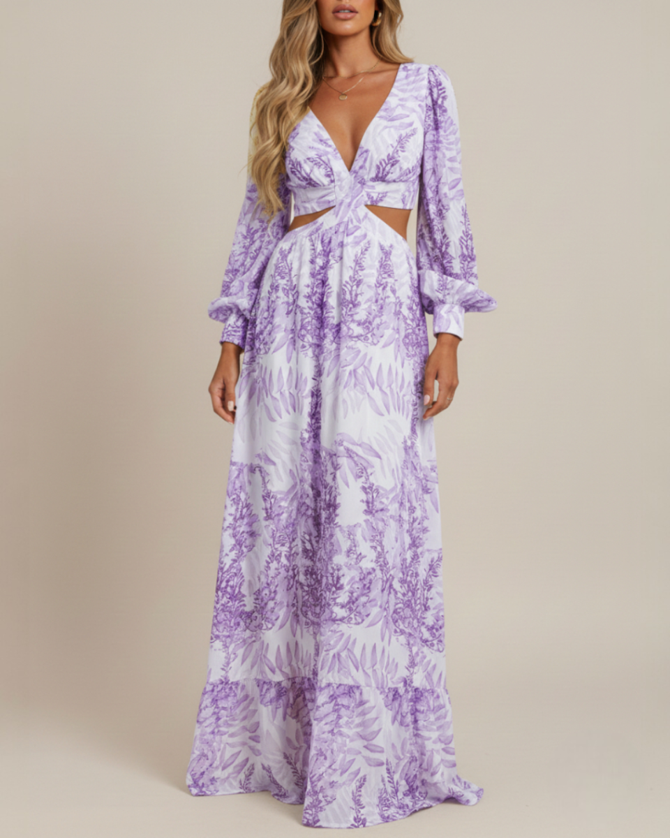 Alinda | Women's Long Sleeve Print Cut-Out Flowy Maxi Dress