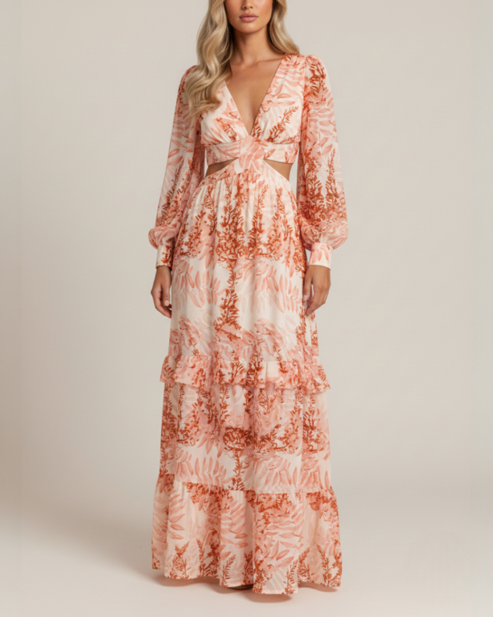 Alinda | Women's Long Sleeve Print Cut-Out Flowy Maxi Dress