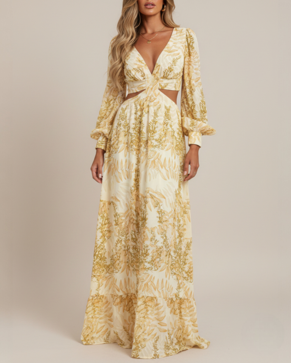 Alinda | Women's Long Sleeve Print Cut-Out Flowy Maxi Dress