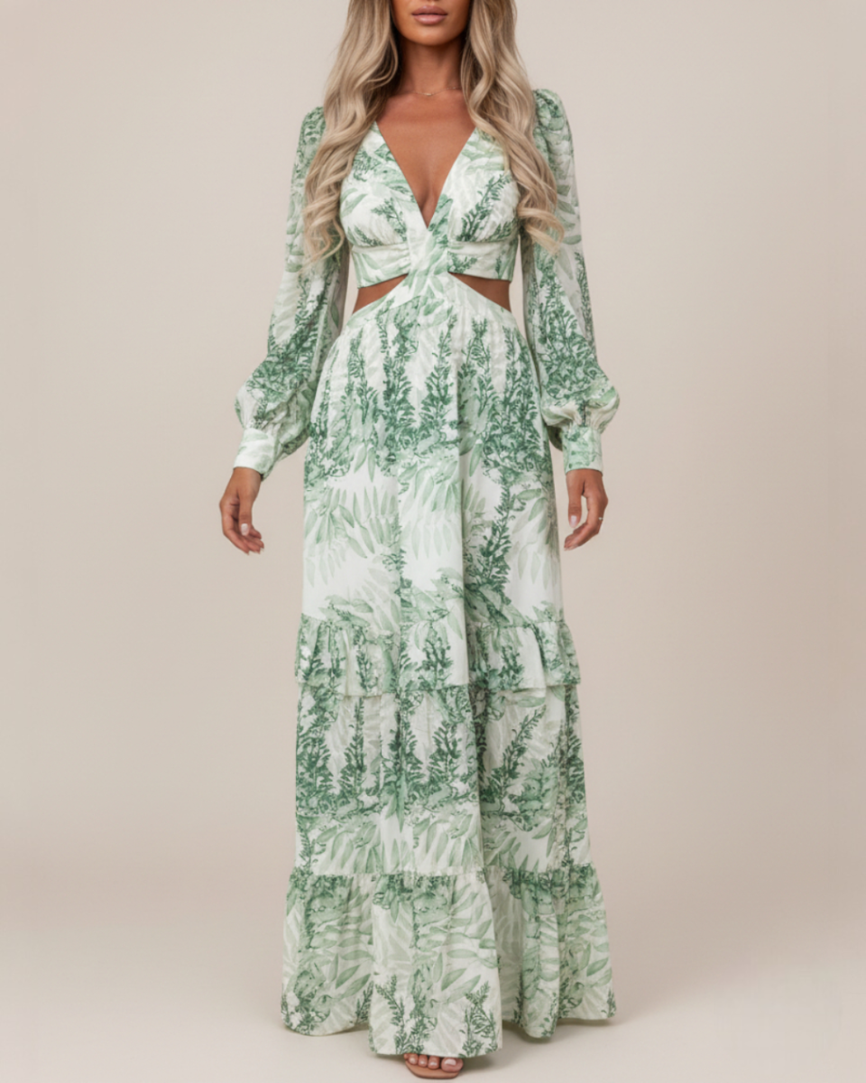 Alinda | Women's Long Sleeve Print Cut-Out Flowy Maxi Dress