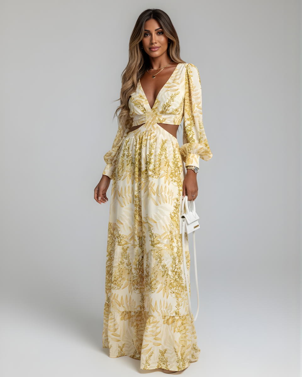 Alinda | Women's Long Sleeve Print Cut-Out Flowy Maxi Dress