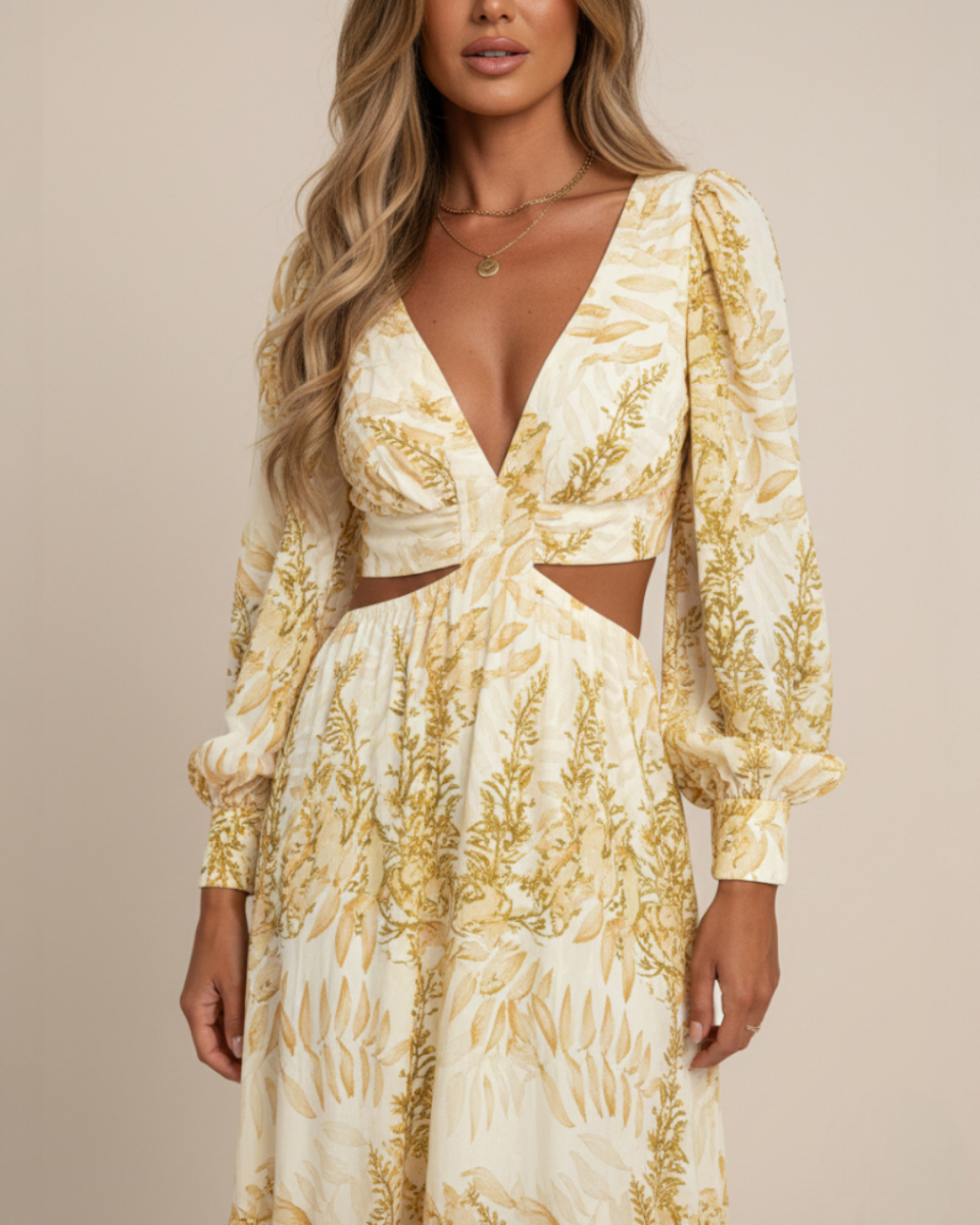Alinda | Women's Long Sleeve Print Cut-Out Flowy Maxi Dress