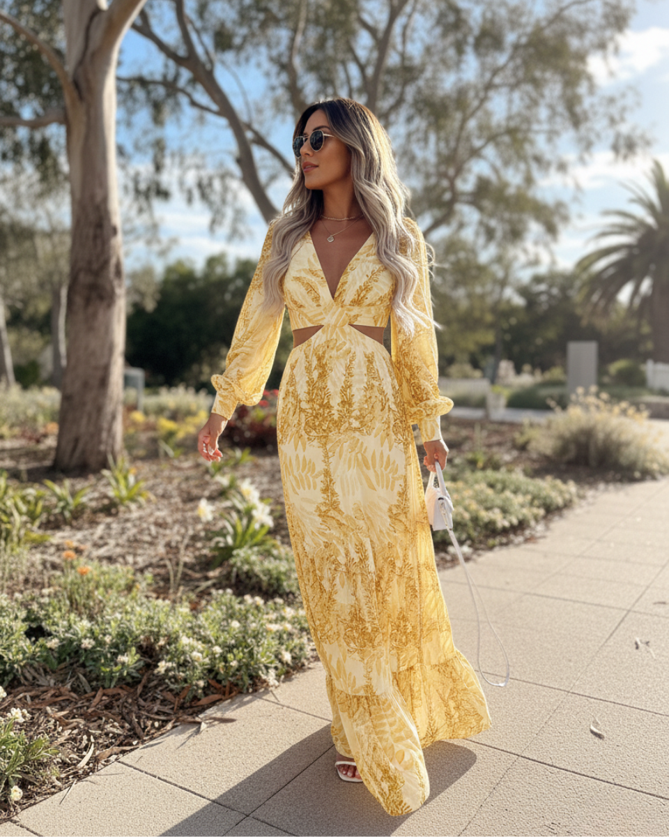 Alinda | Women's Long Sleeve Print Cut-Out Flowy Maxi Dress