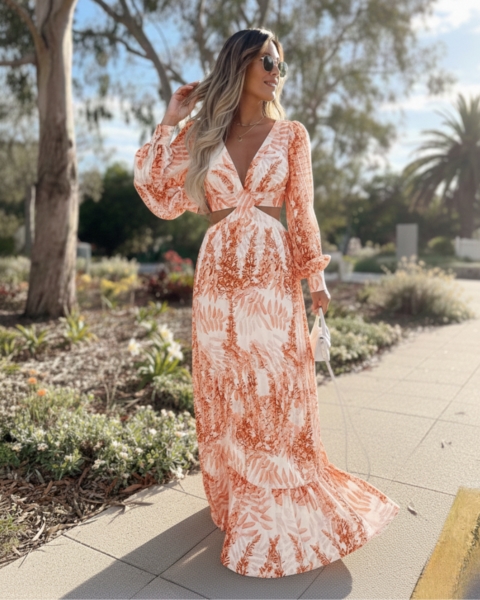 Alinda | Women's Long Sleeve Print Cut-Out Flowy Maxi Dress