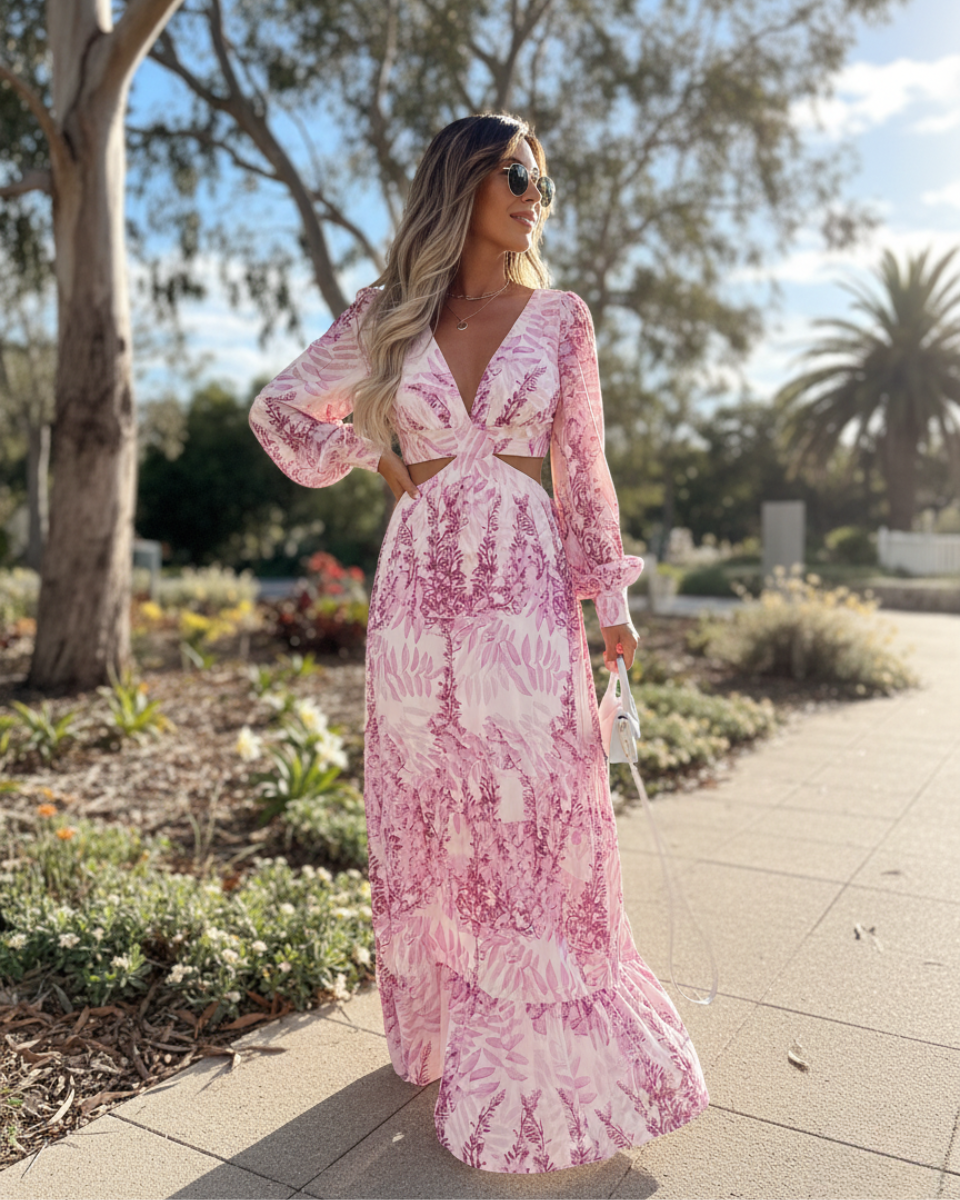 Alinda | Women's Long Sleeve Print Cut-Out Flowy Maxi Dress