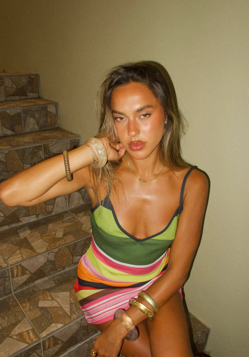 Alisha | Women's Striped Sleeveless V Neck Mini Dress