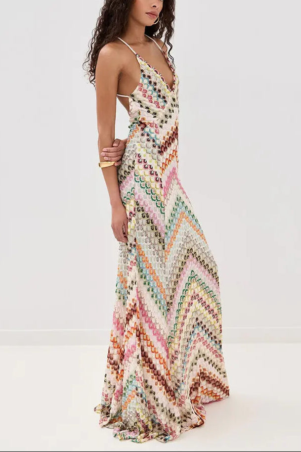 Alishba | Women's V-Neck Sleeveless Zigzag Flowy Maxi Dress