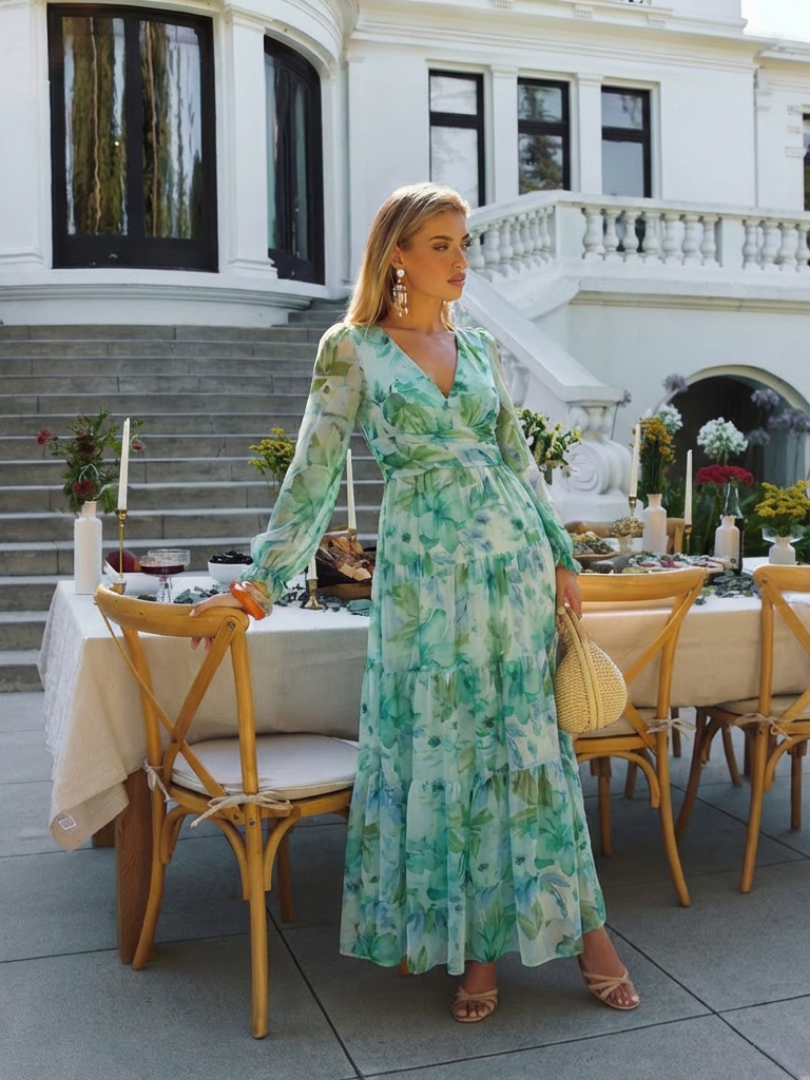 Alissa | Women’s V Neck Long Sleeve Floral Print Maxi Dress