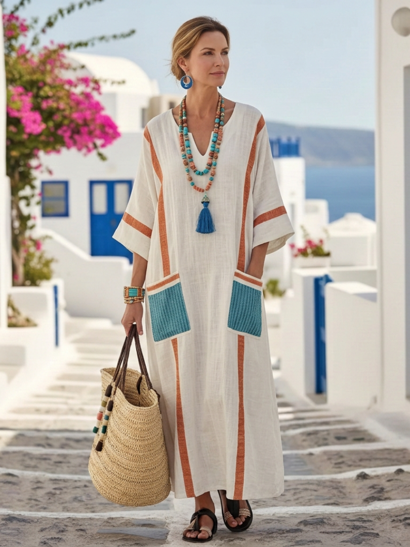 Allegra | Women’s Contrast Trim V Neck Boho Maxi Dress