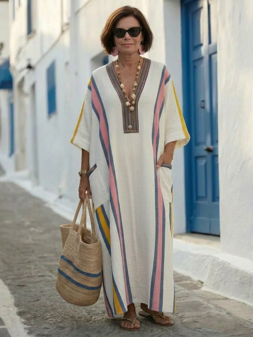 Allegra | Women’s Contrast Trim V Neck Boho Maxi Dress
