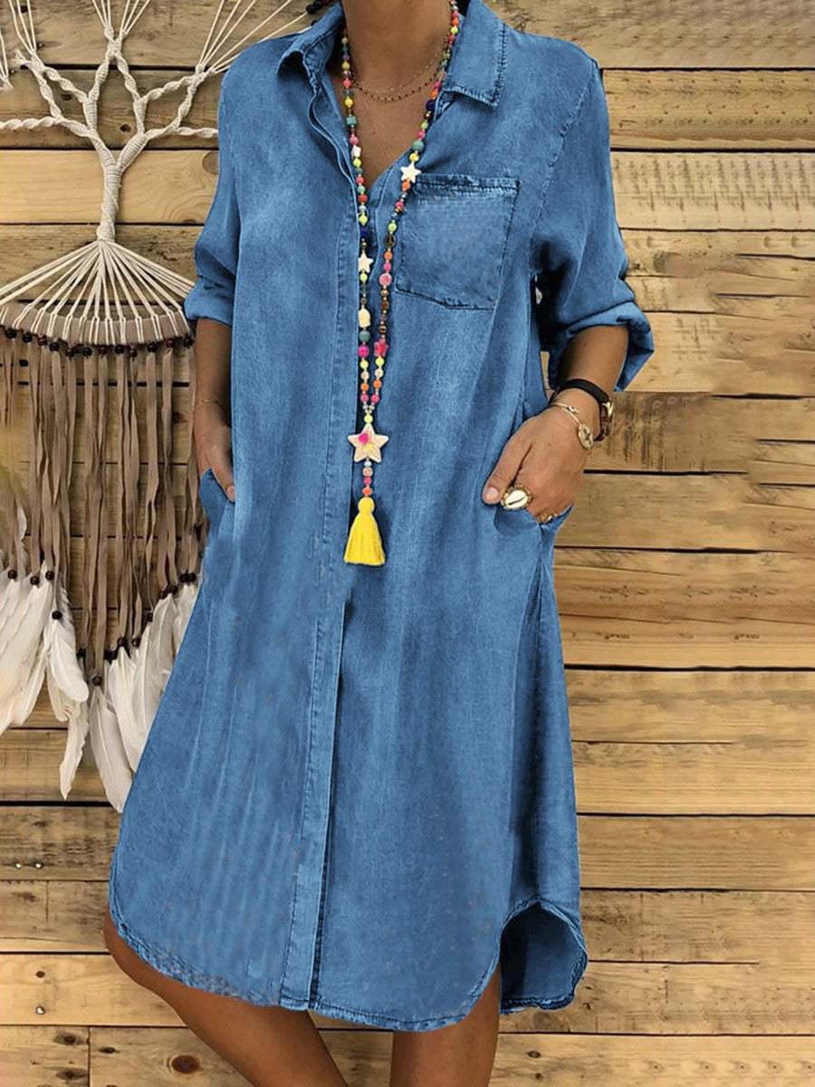 Alliyah | Women's Button Front Turn Down Collar Denim Shirt Dress