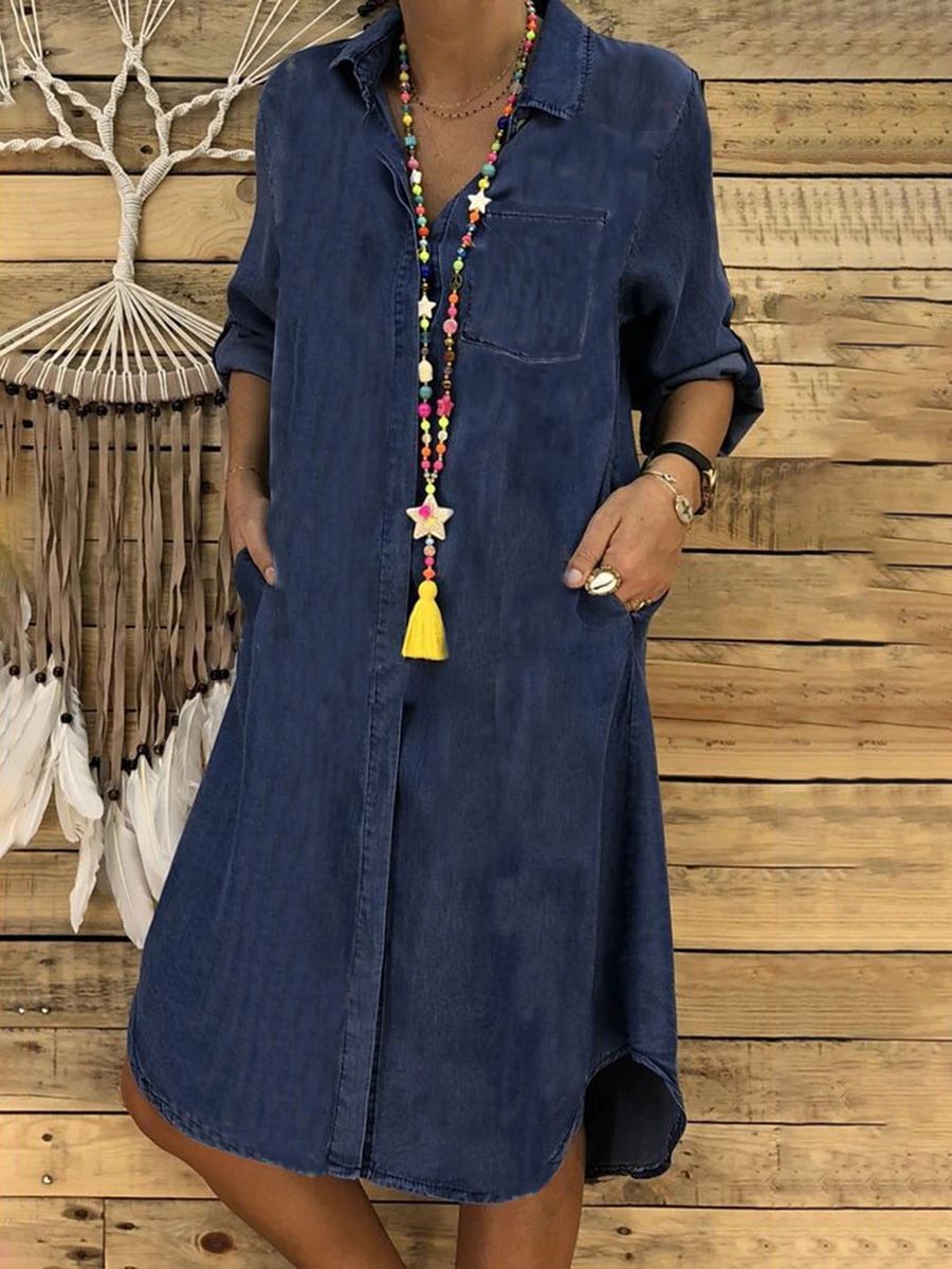 Alliyah | Women's Button Front Turn Down Collar Denim Shirt Dress