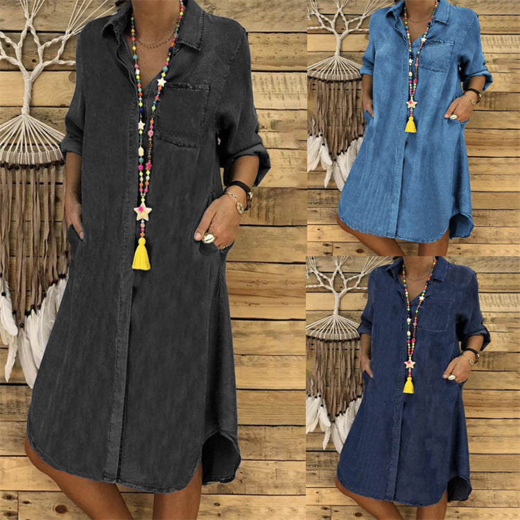 Alliyah | Women's Button Front Turn Down Collar Denim Shirt Dress