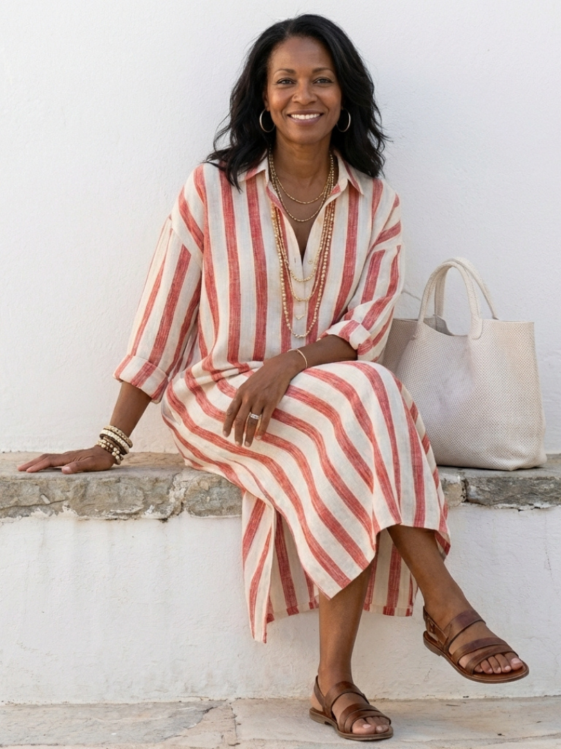 Alma | Women’s Vertical Stripe Long Sleeve Midi Dress