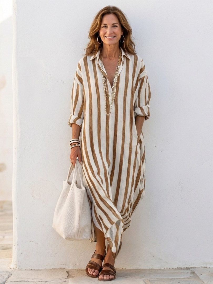 Alma | Women’s Vertical Stripe Long Sleeve Midi Dress