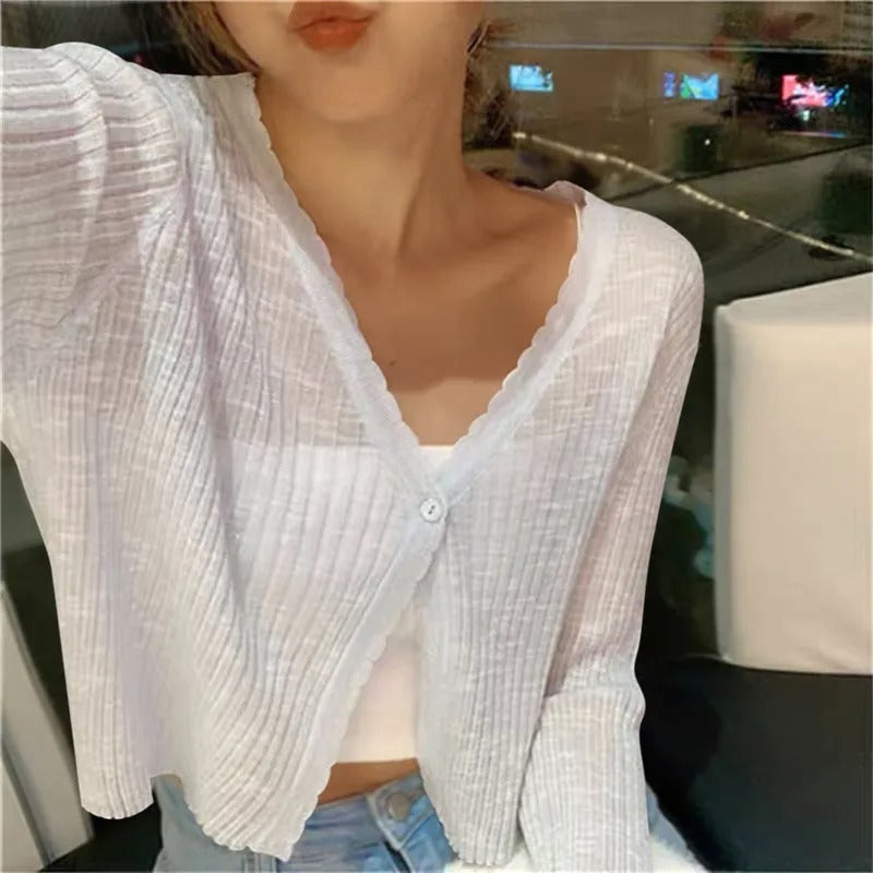 Almira | Women's Long Sleeve V Neck Cropped Cardigan