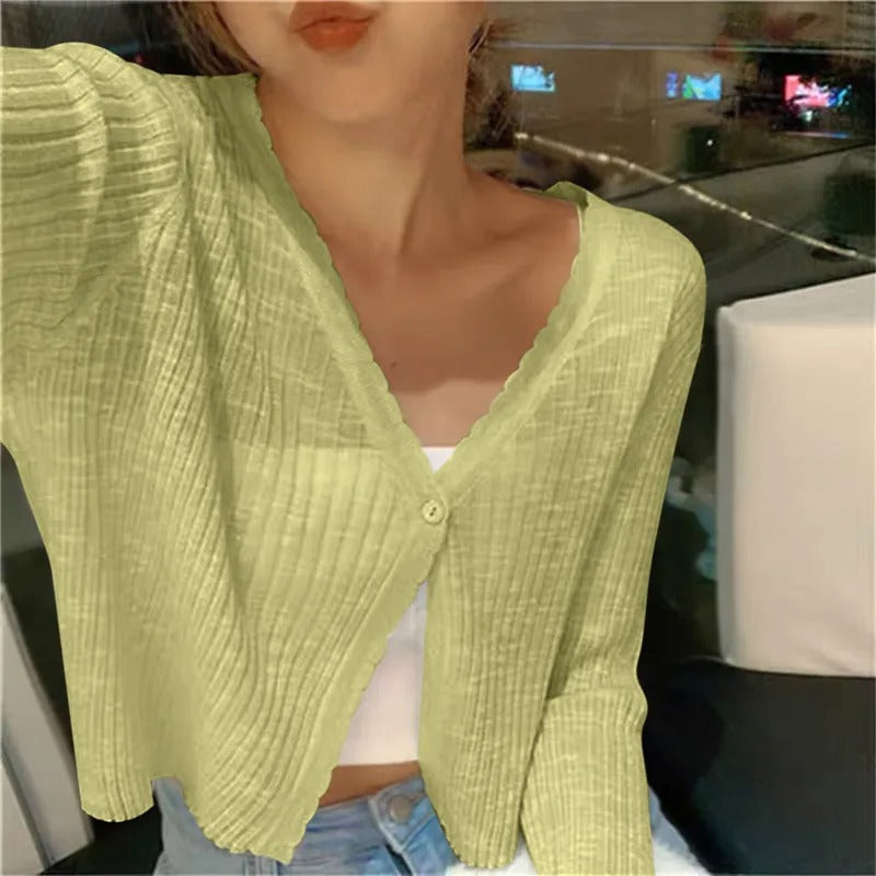 Almira | Women's Long Sleeve V Neck Cropped Cardigan