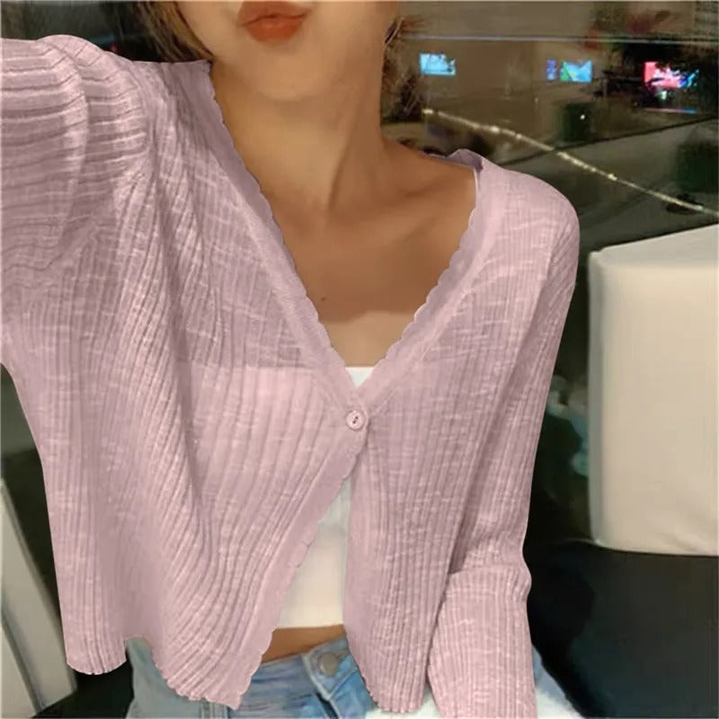 Almira | Women's Long Sleeve V Neck Cropped Cardigan