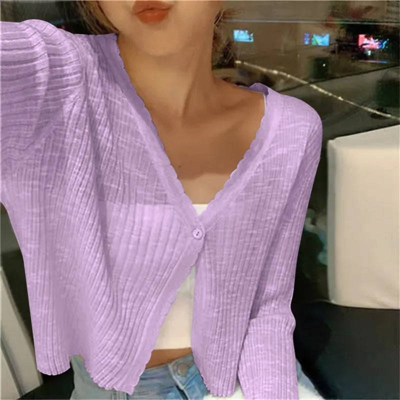 Almira | Women's Long Sleeve V Neck Cropped Cardigan