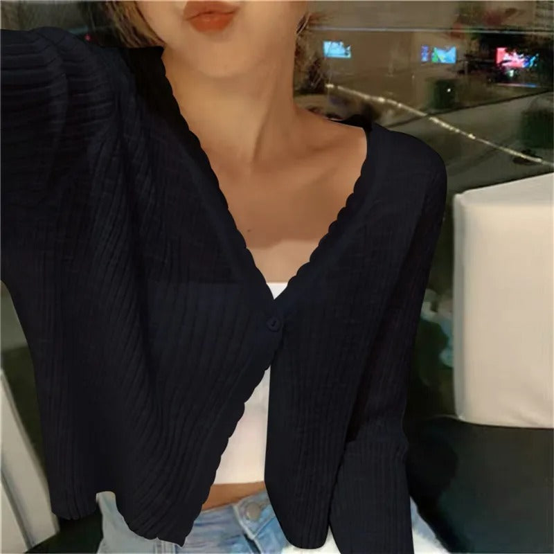 Almira | Women's Long Sleeve V Neck Cropped Cardigan