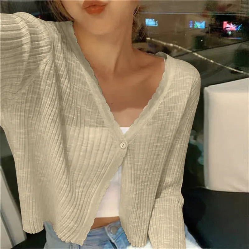 Almira | Women's Long Sleeve V Neck Cropped Cardigan
