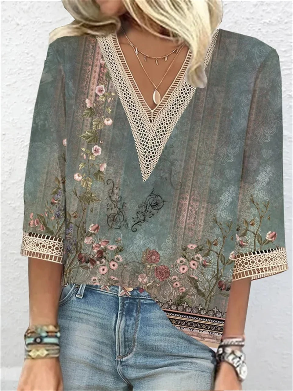 Altagracia | Women's V-Neck Three Quarter Sleeve Printed Blouse