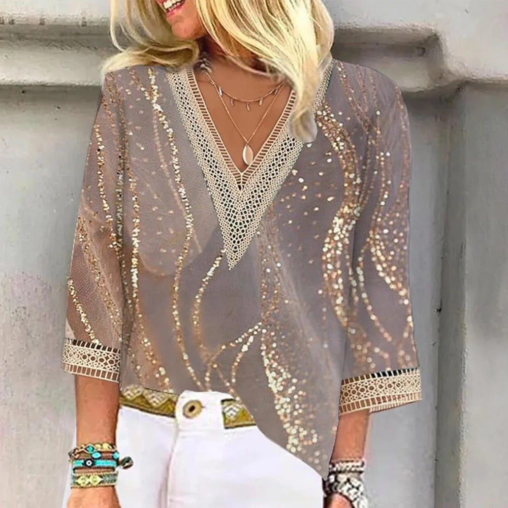 Altagracia | Women's V-Neck Three Quarter Sleeve Printed Blouse