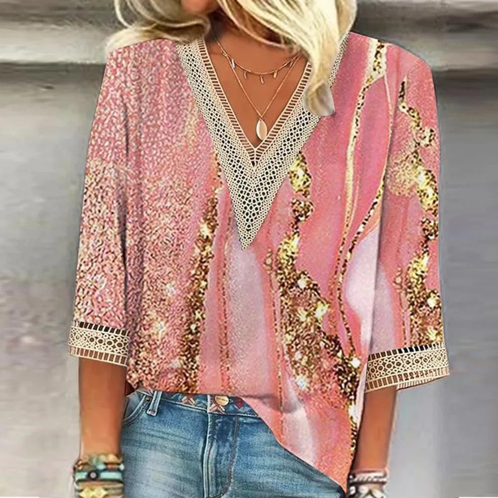 Altagracia | Women's V-Neck Three Quarter Sleeve Printed Blouse