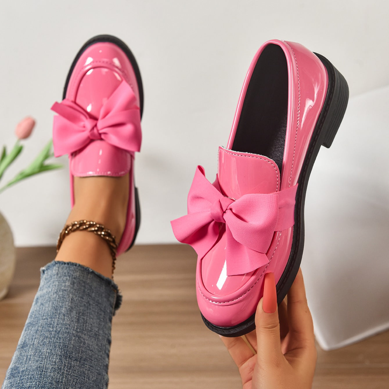 Althea | Women’s Low Block Heel Bow Detail Round Toe Ballet Flats