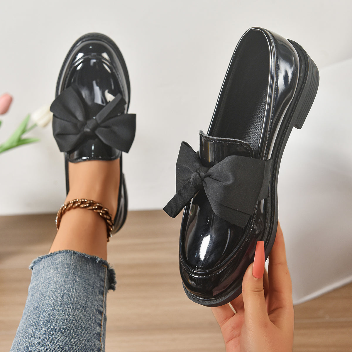 Althea | Women’s Low Block Heel Bow Detail Round Toe Ballet Flats