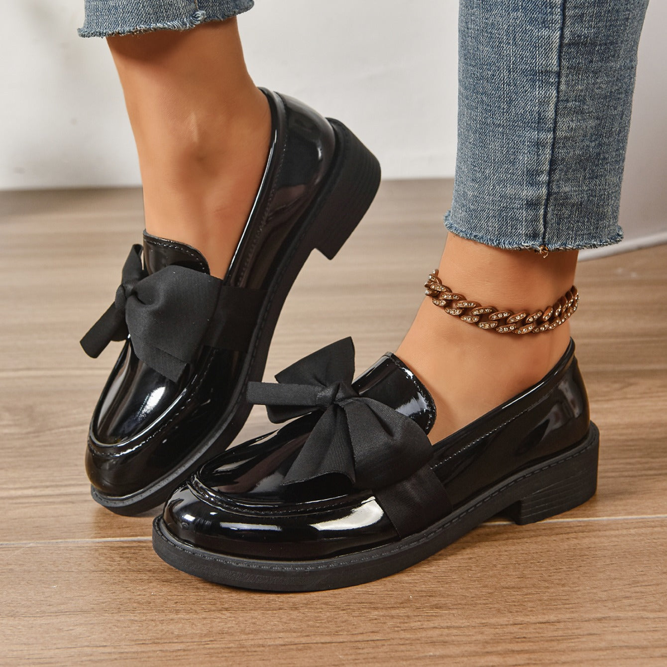 Althea | Women’s Low Block Heel Bow Detail Round Toe Ballet Flats