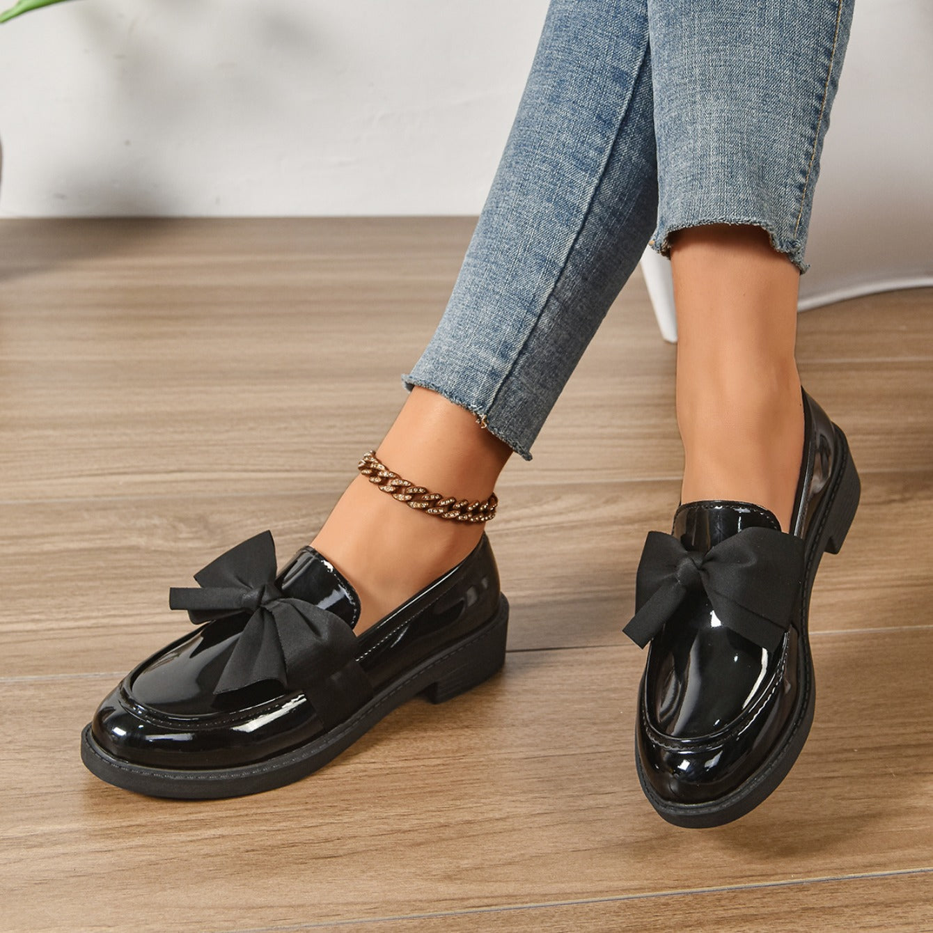 Althea | Women’s Low Block Heel Bow Detail Round Toe Ballet Flats