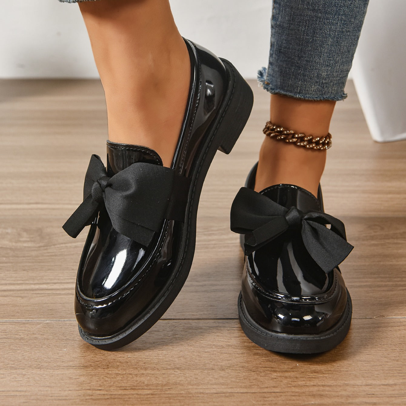 Althea | Women’s Low Block Heel Bow Detail Round Toe Ballet Flats