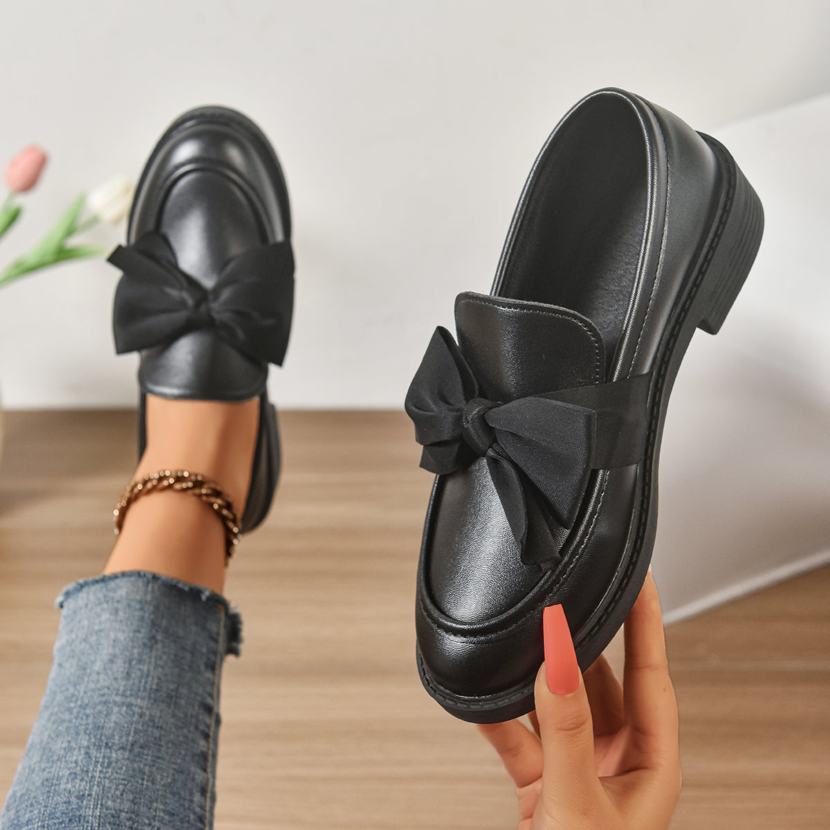 Althea | Women’s Low Block Heel Bow Detail Round Toe Ballet Flats