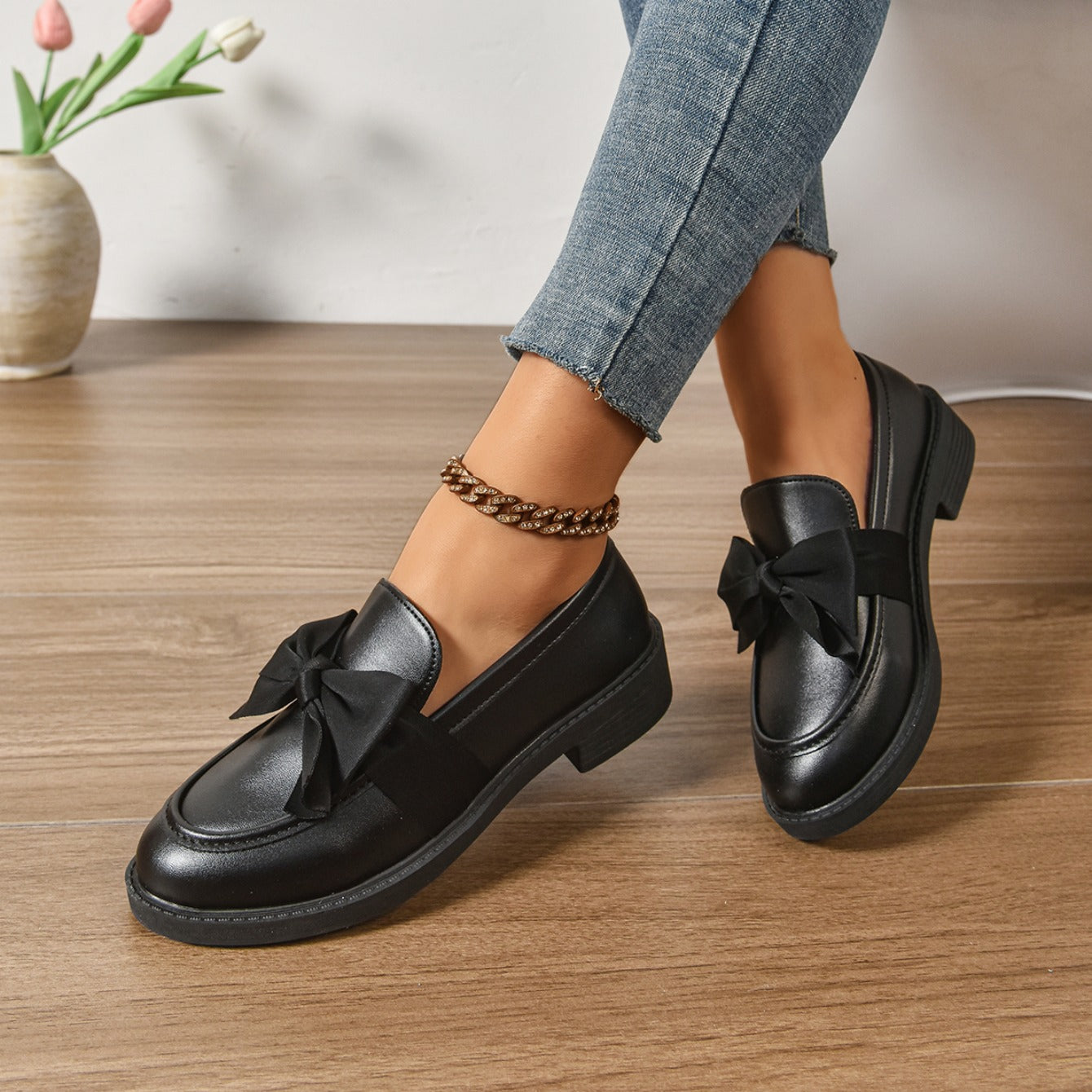 Althea | Women’s Low Block Heel Bow Detail Round Toe Ballet Flats