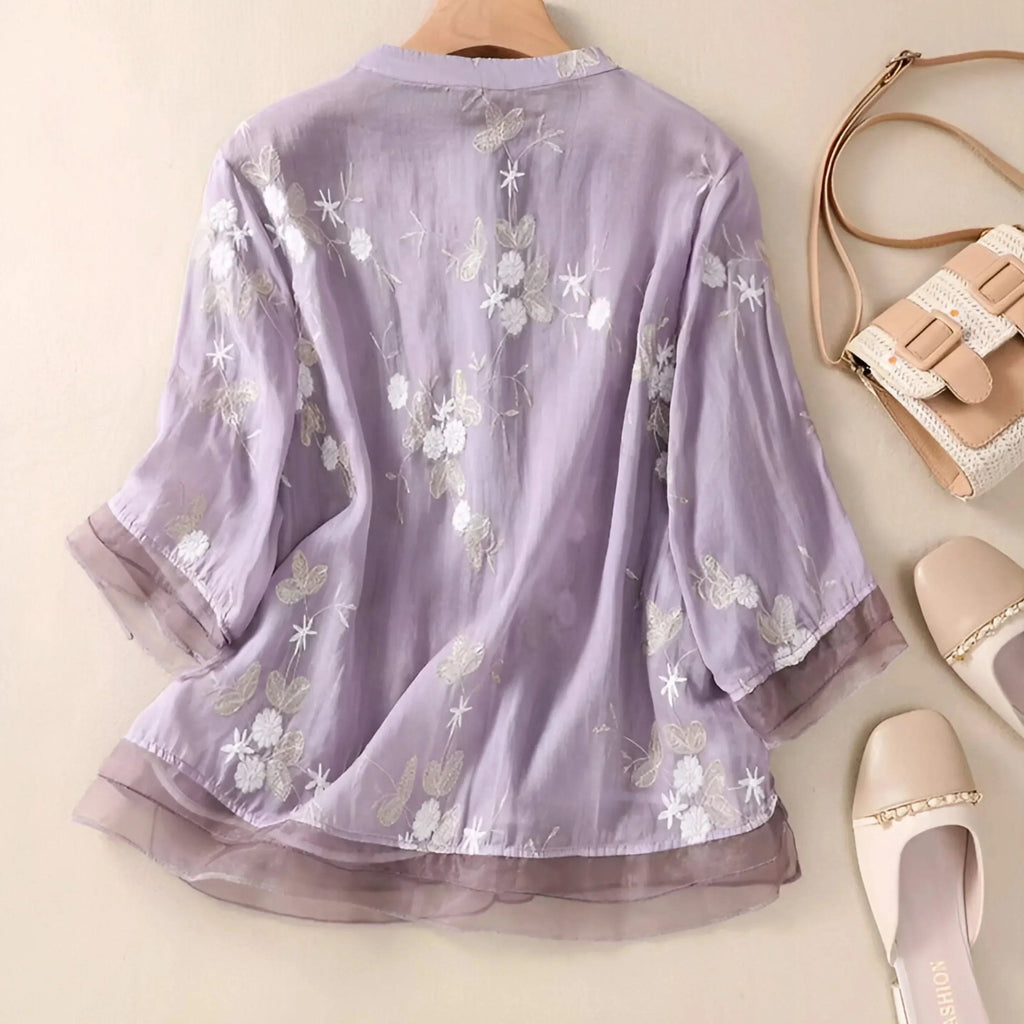 Alvera | Women's Button Front Stand Collar Floral Top