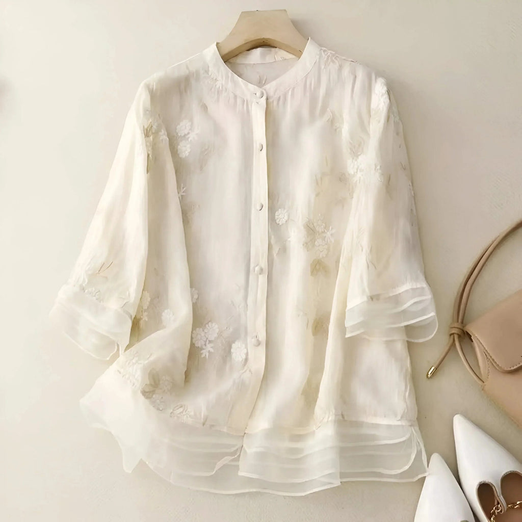 Alvera | Women's Button Front Stand Collar Floral Top