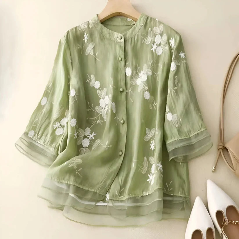 Alvera | Women's Button Front Stand Collar Floral Top