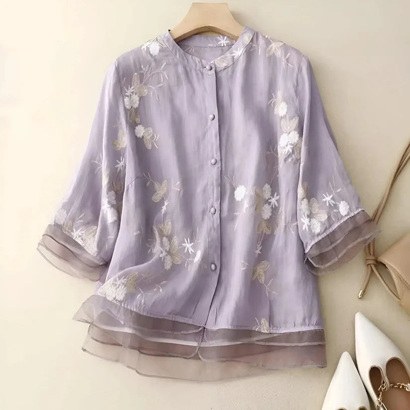 Alvera | Women's Button Front Stand Collar Floral Top