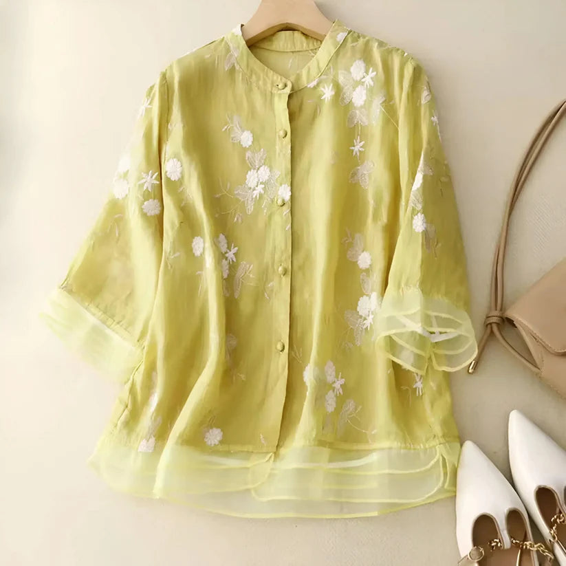 Alvera | Women's Button Front Stand Collar Floral Top