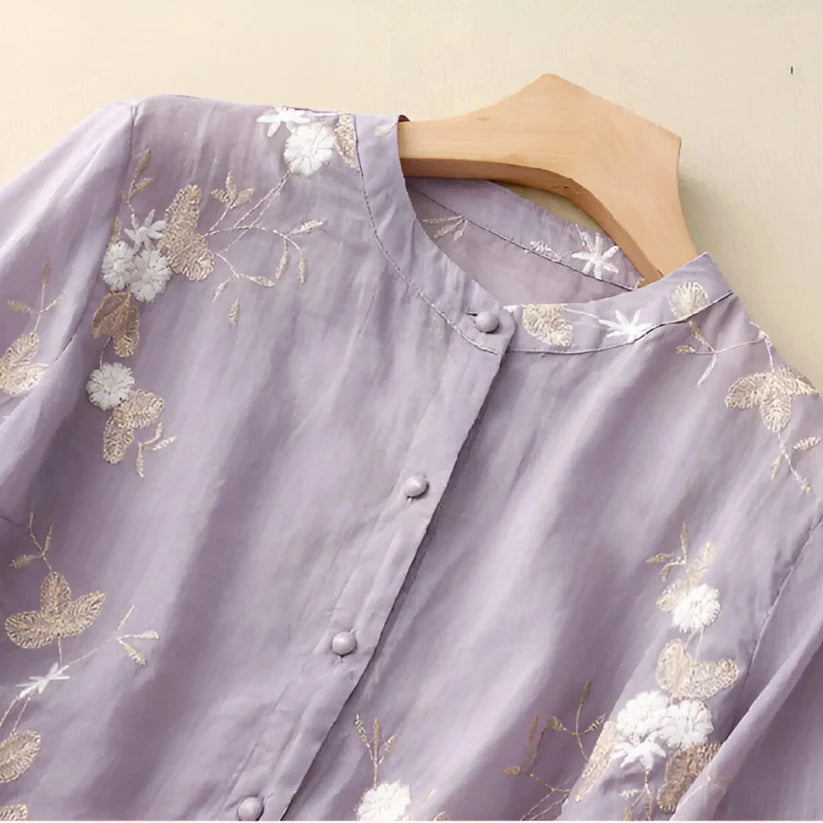 Alvera | Women's Button Front Stand Collar Floral Top