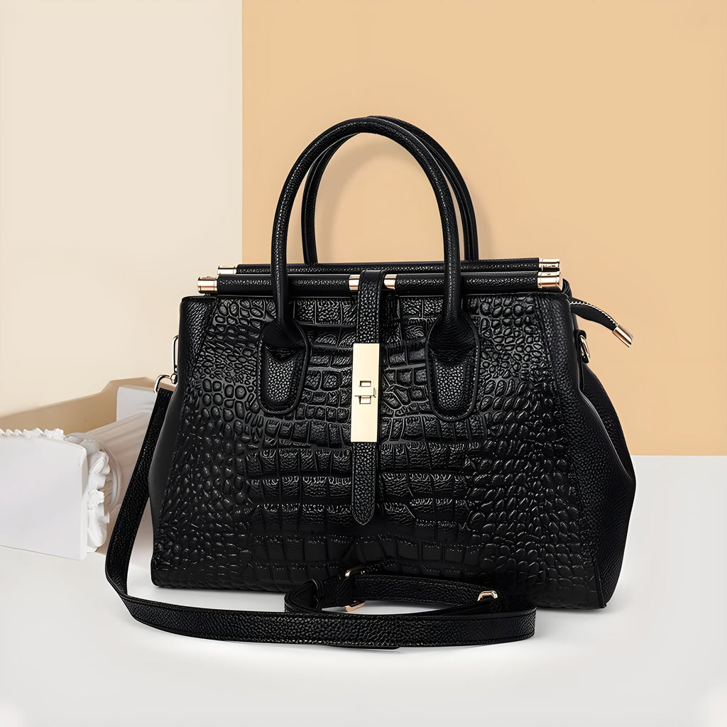 Alysa | Women’s Croc Embossed Top Handle Black Bag