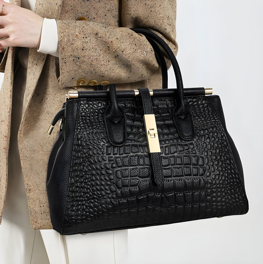 Alysa | Women’s Croc Embossed Top Handle Black Bag