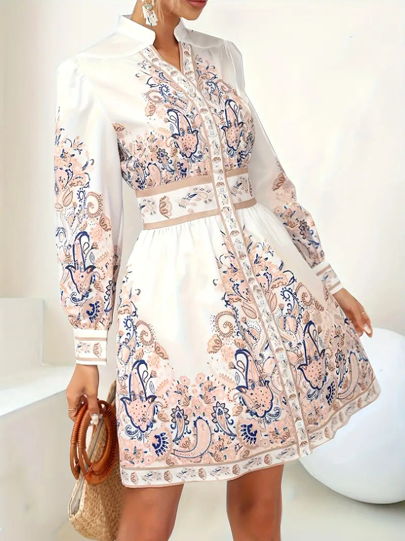 Amabel | Women's Patterned Long Sleeve Flowy Midi Dress