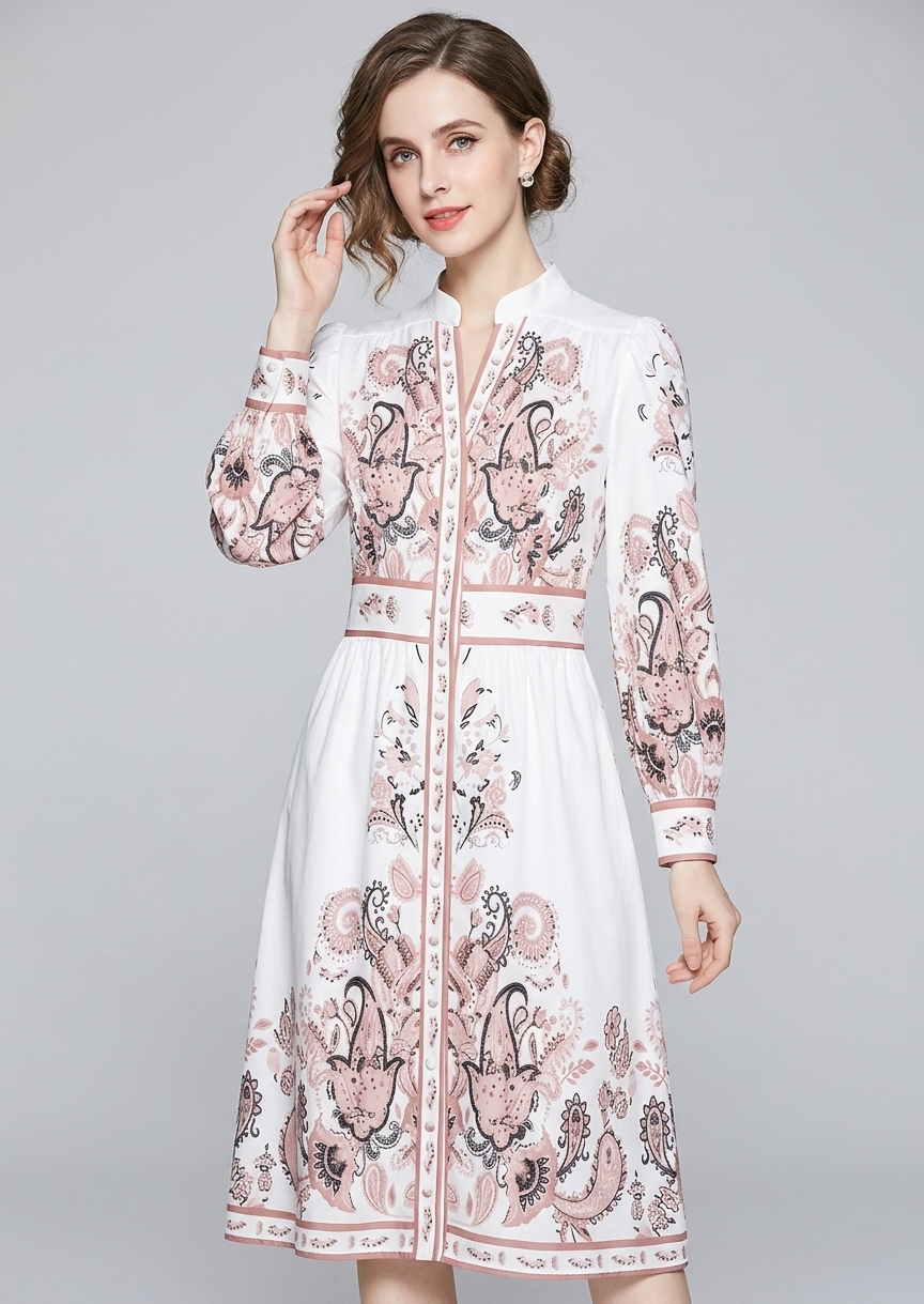 Amabel | Women's Patterned Long Sleeve Flowy Midi Dress