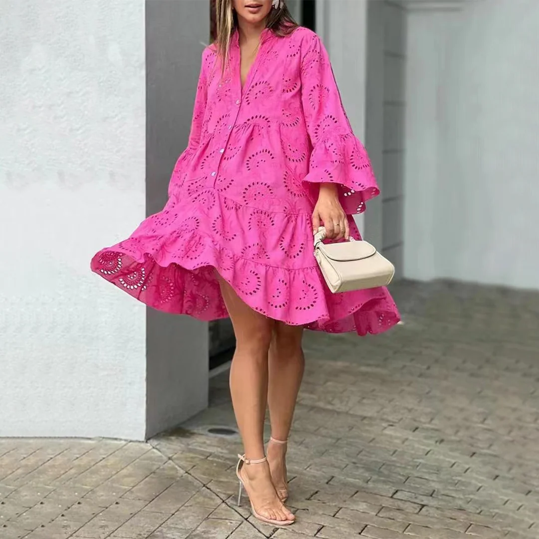 Amada | Women's Button Front Long Sleeve V Neck Mini Dress