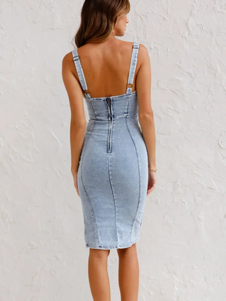 Amaka | Women's Side Slit Sleeveless Bodycon Denim Dress