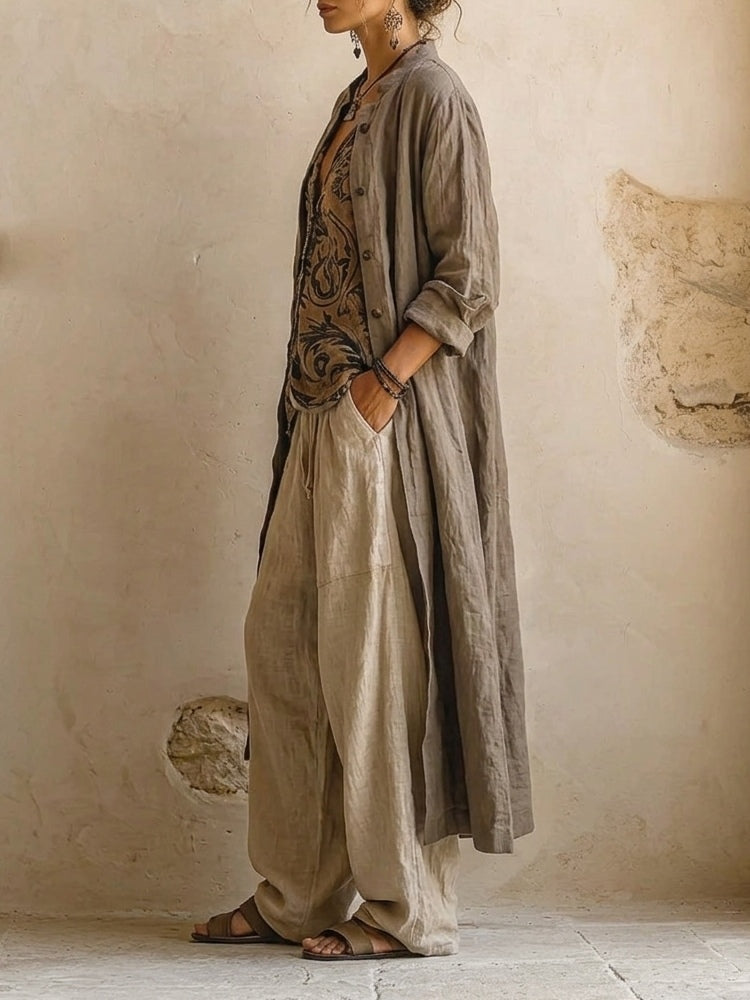 Amie | Women's Button Front Wide Leg Long Sleeve Three Piece Set