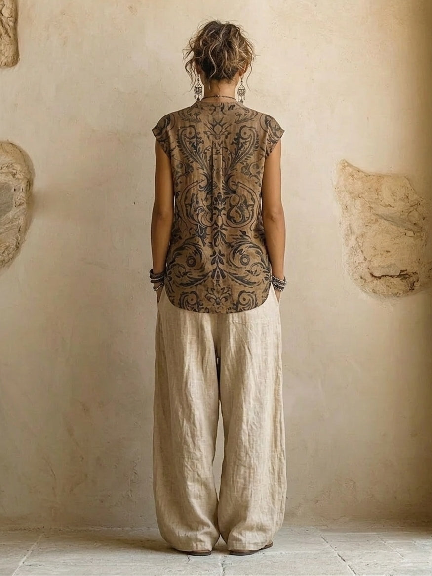 Amie | Women's Button Front Wide Leg Long Sleeve Three Piece Set