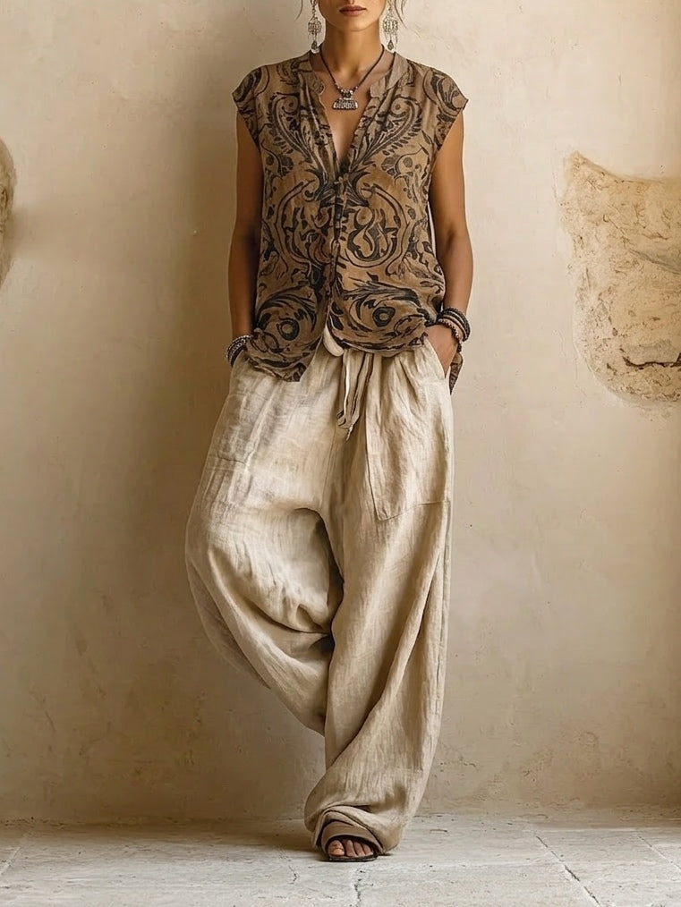 Amie | Women's Button Front Wide Leg Long Sleeve Three Piece Set